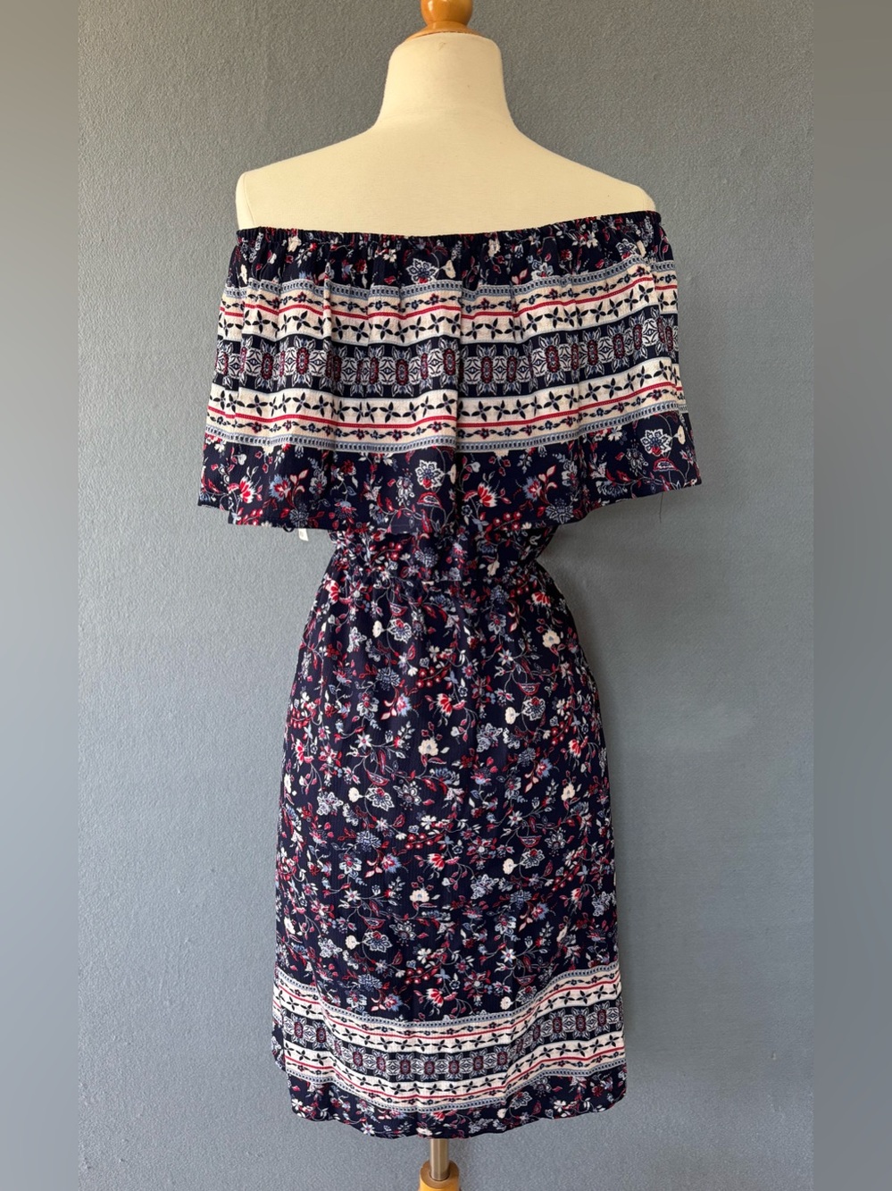 STYLE & CO Navy Floral Off Shoulder Dress Small NWT Boho Pockets - Picture 4 of 10